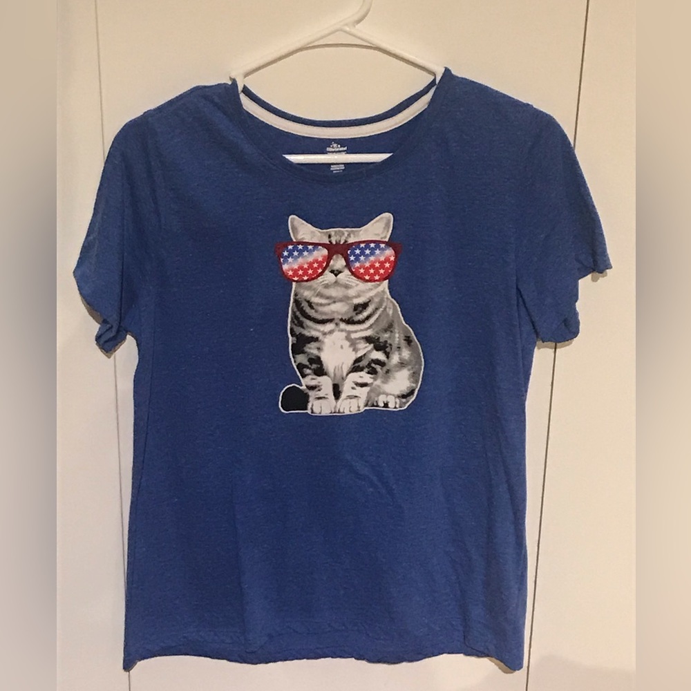 Patriotic Cat Aviator Sunglasses Tee Size L 12/14